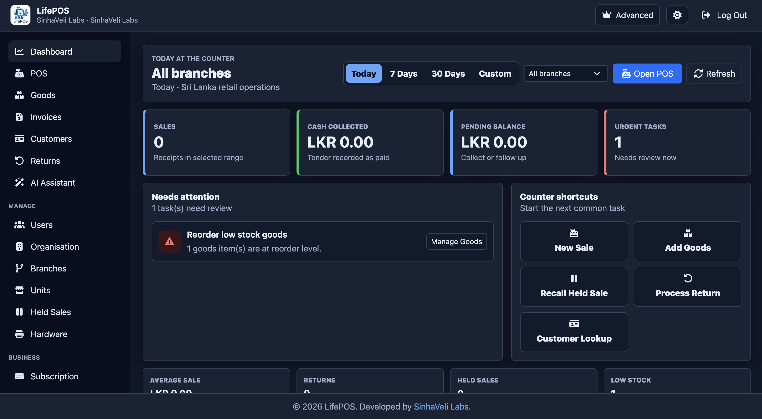 LifePOS dashboard with branch sales, cash collected, pending balance, and counter shortcuts